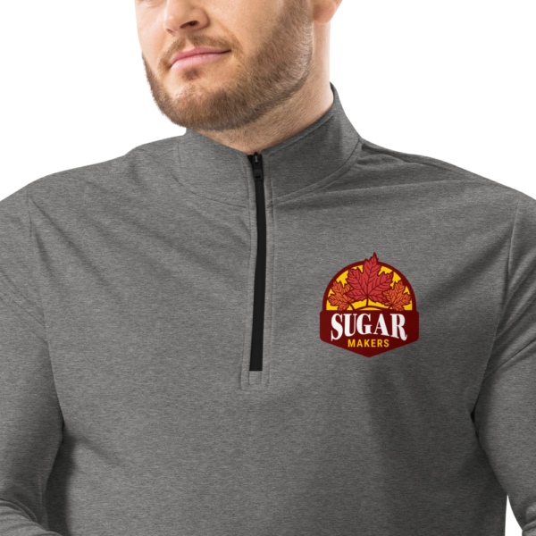 black heather quarter zip pullover with SugarMakers logo
