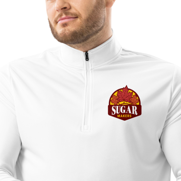 white quarter zip pullover with SugarMakers logo
