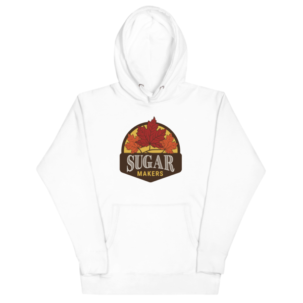 white lightweight hoodie with SugarMakers logo